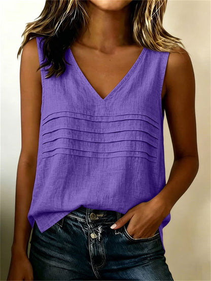 Camiseta sin mangas de lino con cuello en V simple de mujer