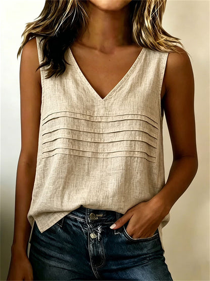 Camiseta sin mangas de lino con cuello en V simple de mujer