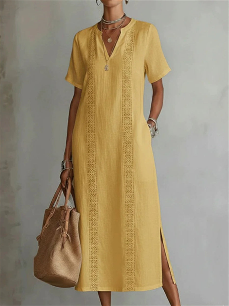Elegante corte lateral de las mujeres muesca cuello maxi vestido de lino