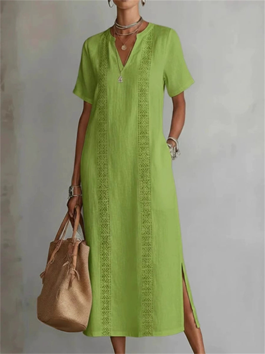 Elegante corte lateral de las mujeres muesca cuello maxi vestido de lino