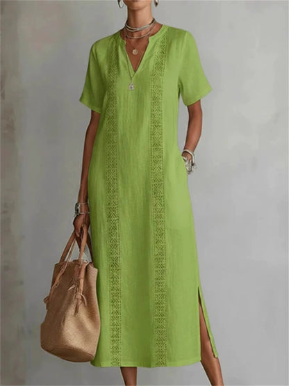 Elegante corte lateral de las mujeres muesca cuello maxi vestido de lino