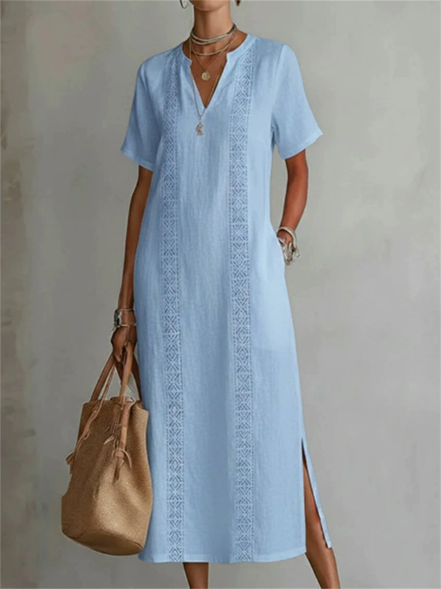 Elegante corte lateral de las mujeres muesca cuello maxi vestido de lino