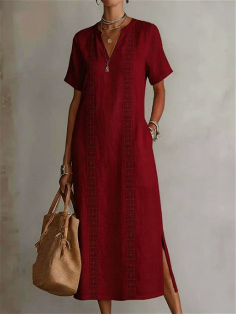 Elegante corte lateral de las mujeres muesca cuello maxi vestido de lino