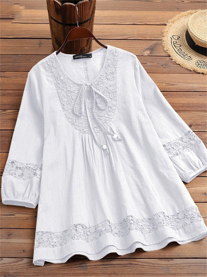Boho de las mujeres Encaje Patchwork Atado Flowy Lino Túnica