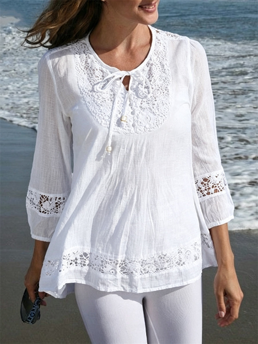 Boho de las mujeres Encaje Patchwork Atado Flowy Lino Túnica