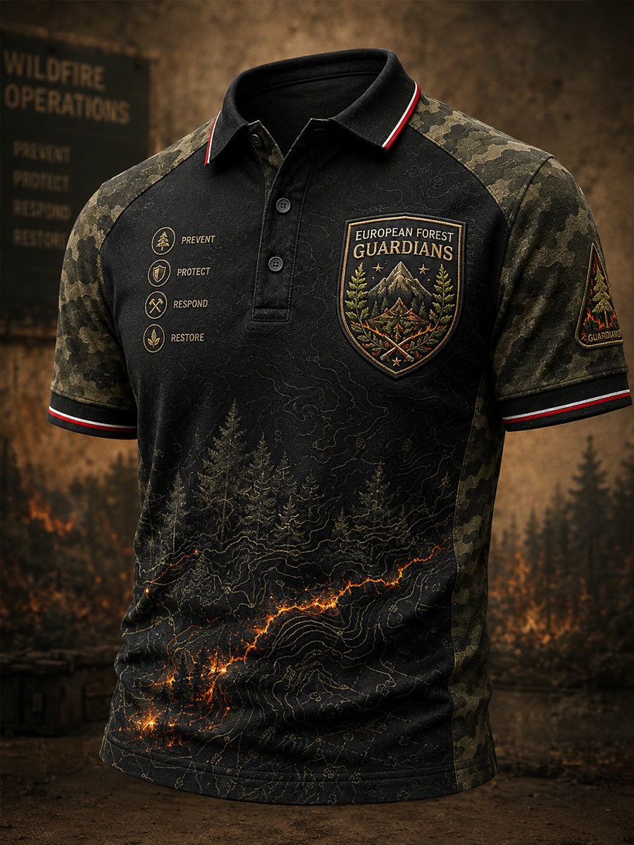Camiseta polo con estampado artístico de incendios forestales en Europa para hombre