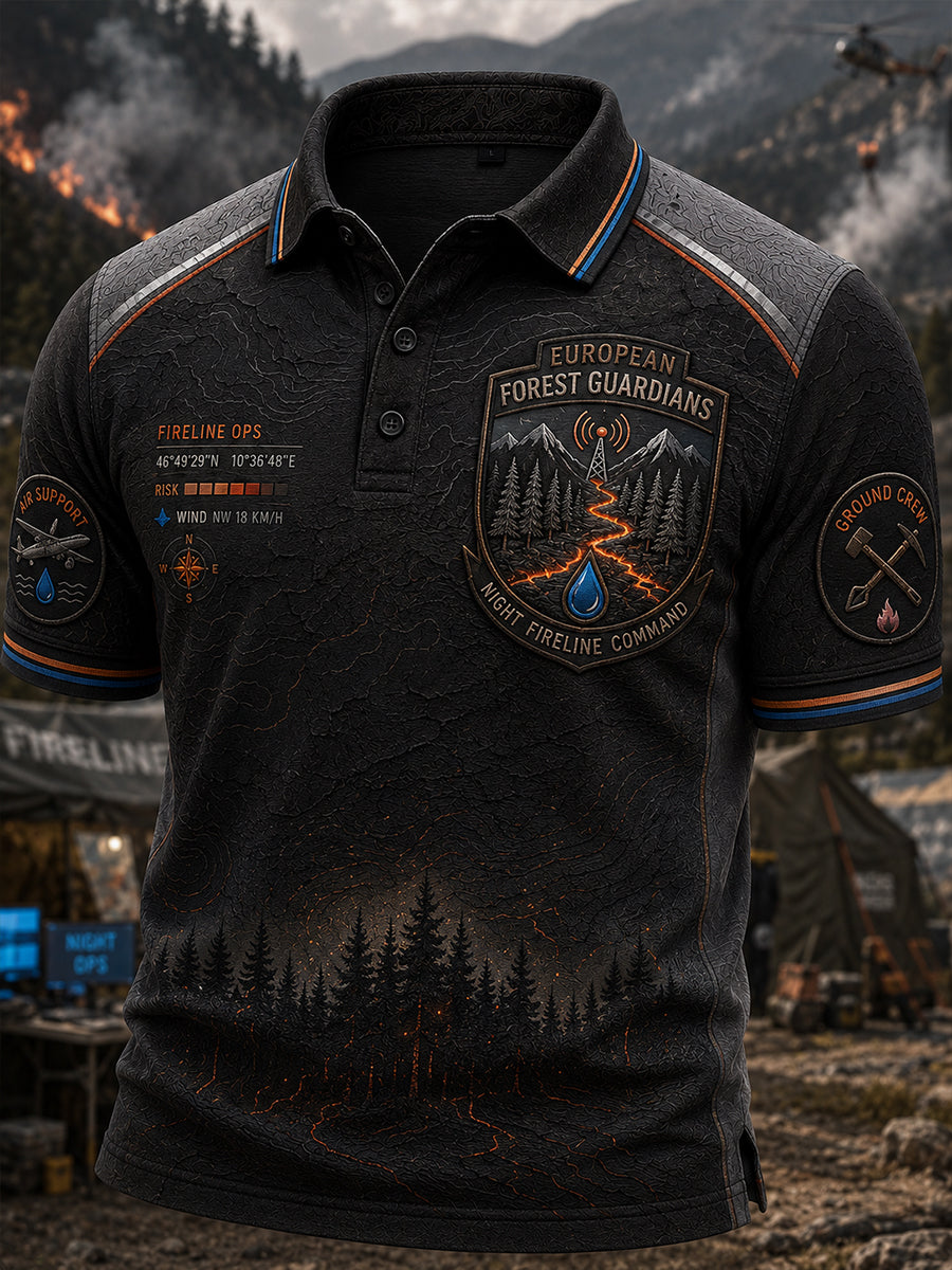 Camiseta polo con estampado artístico de incendios forestales en Europa para hombre