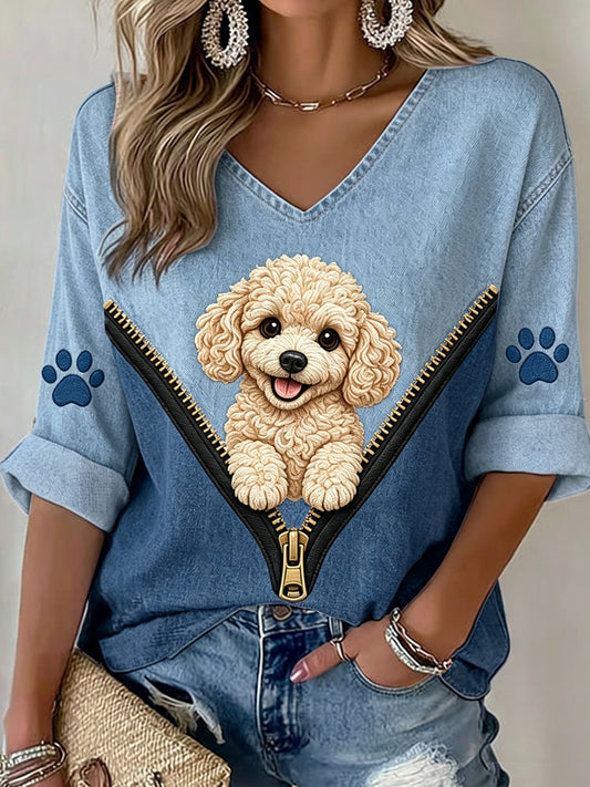 Animal perro cremallera mediados de manga impresa camiseta casual de las mujeres