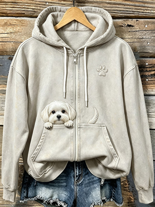 Lindo perro maltés Peeking de las mujeres con Paw Print Cozy Zip-Up Hoodie