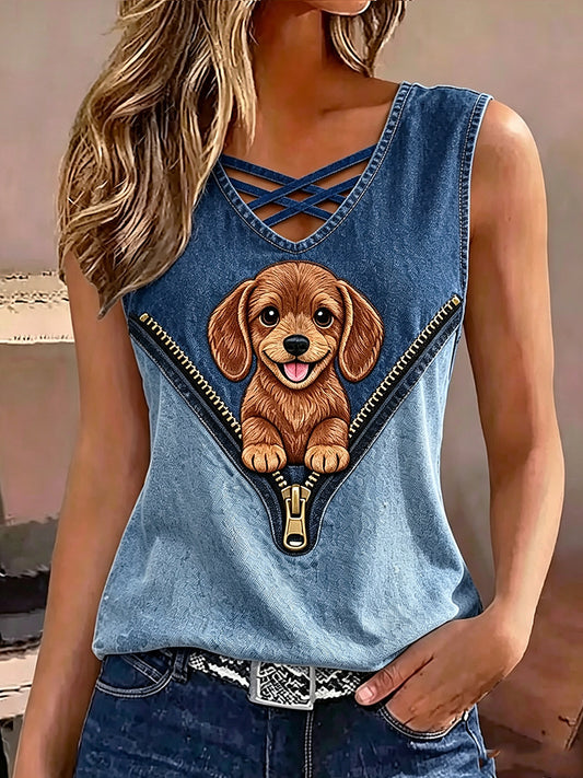 Mujer Animal Perro Cremallera Estampado Sin Mangas Tank Top