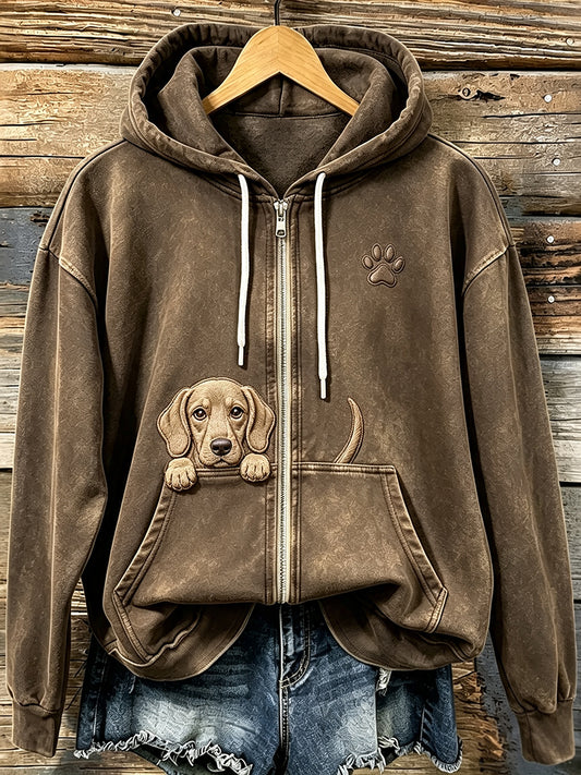 Lindo perro Labrador Peeking de las mujeres con Paw Print Cozy Zip-Up Hoodie