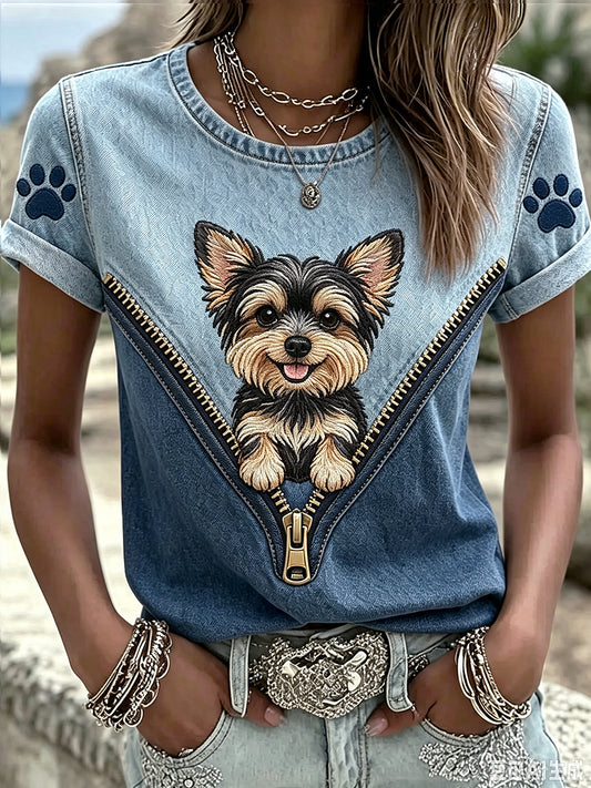 Animal de la mujer perro cremallera impreso vintage moda suelta camiseta manga corta