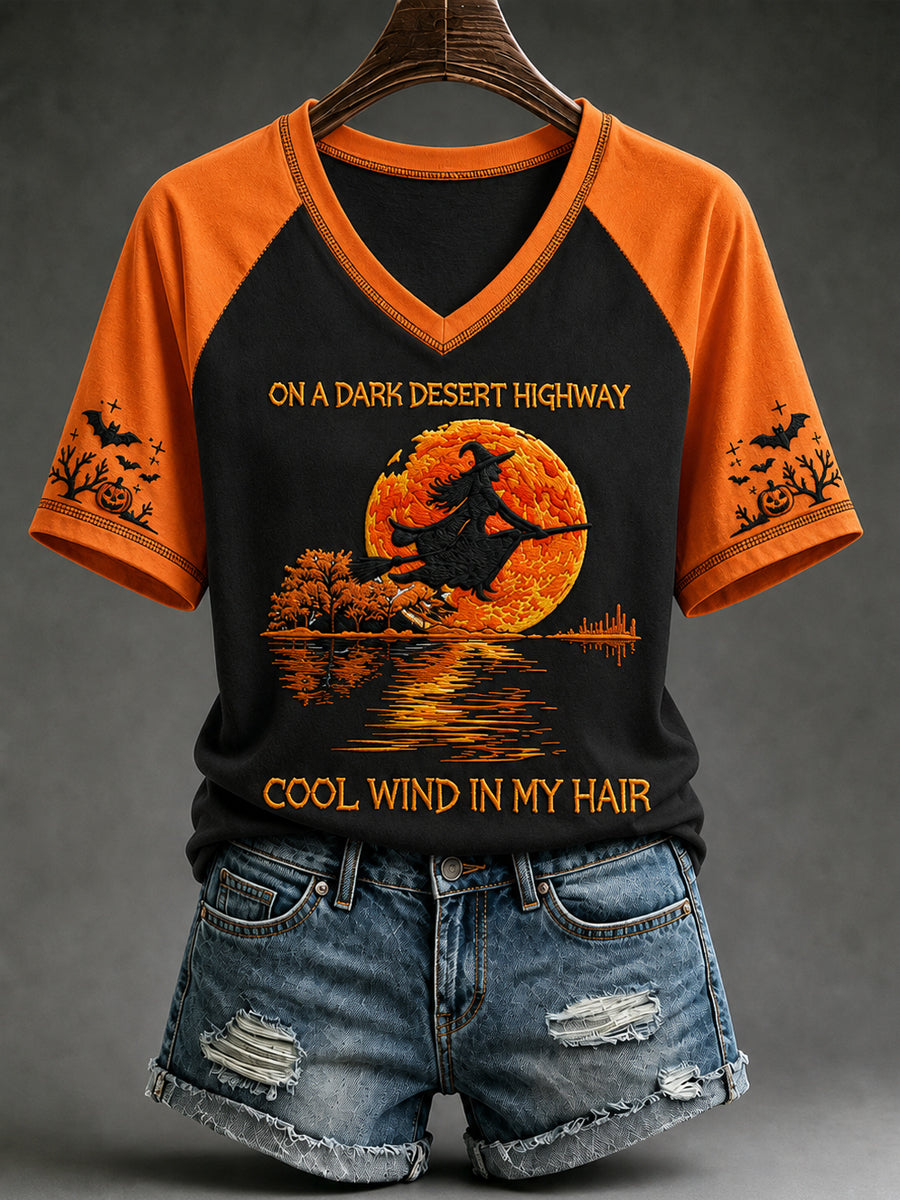 Camiseta de manga corta con cuello en V para mujer: bruja, calabaza y murciélago de Halloween