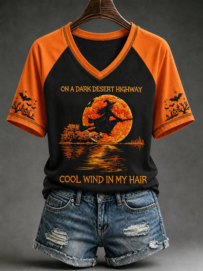 Camiseta de manga corta con cuello en V para mujer: bruja, calabaza y murciélago de Halloween