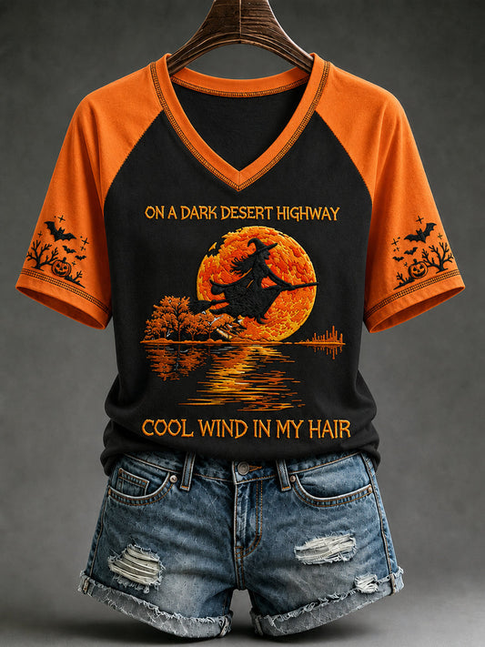 Camiseta de manga corta con cuello en V para mujer: bruja, calabaza y murciélago de Halloween