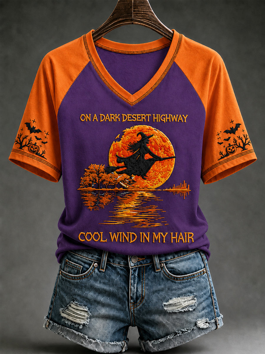 Camiseta de manga corta con cuello en V para mujer: bruja, calabaza y murciélago de Halloween