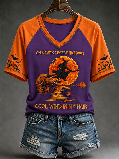Camiseta de manga corta con cuello en V para mujer: bruja, calabaza y murciélago de Halloween