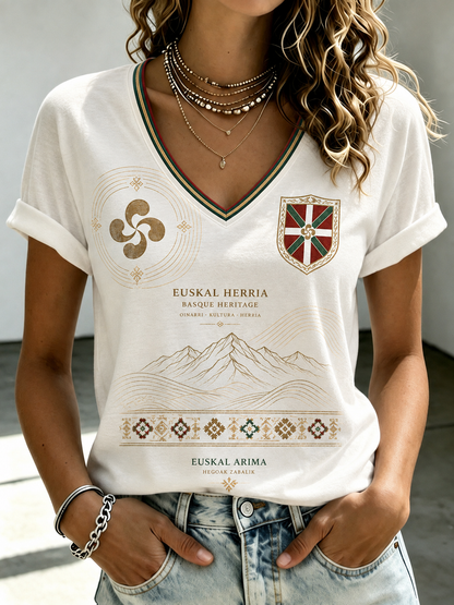 Camiseta de mujer vasca con cuello en V, hombros descubiertos y manga corta