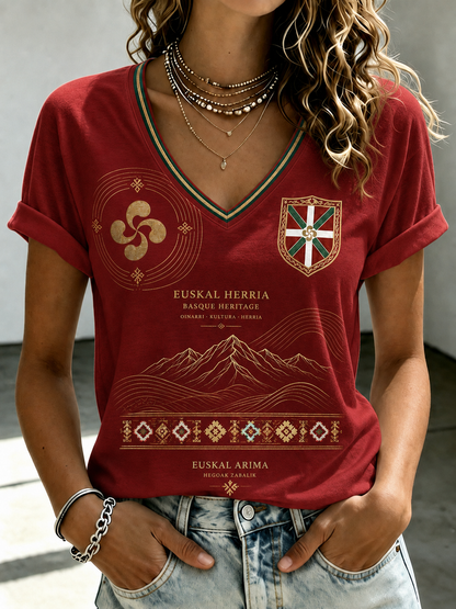 Camiseta de mujer vasca con cuello en V, hombros descubiertos y manga corta