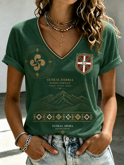 Camiseta de mujer vasca con cuello en V, hombros descubiertos y manga corta