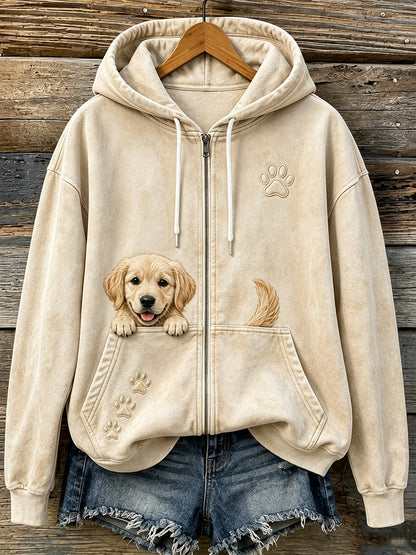 Mujeres lindo Peeking Golden Retriever y patas imprimir acogedor Zip-Up Hoodie