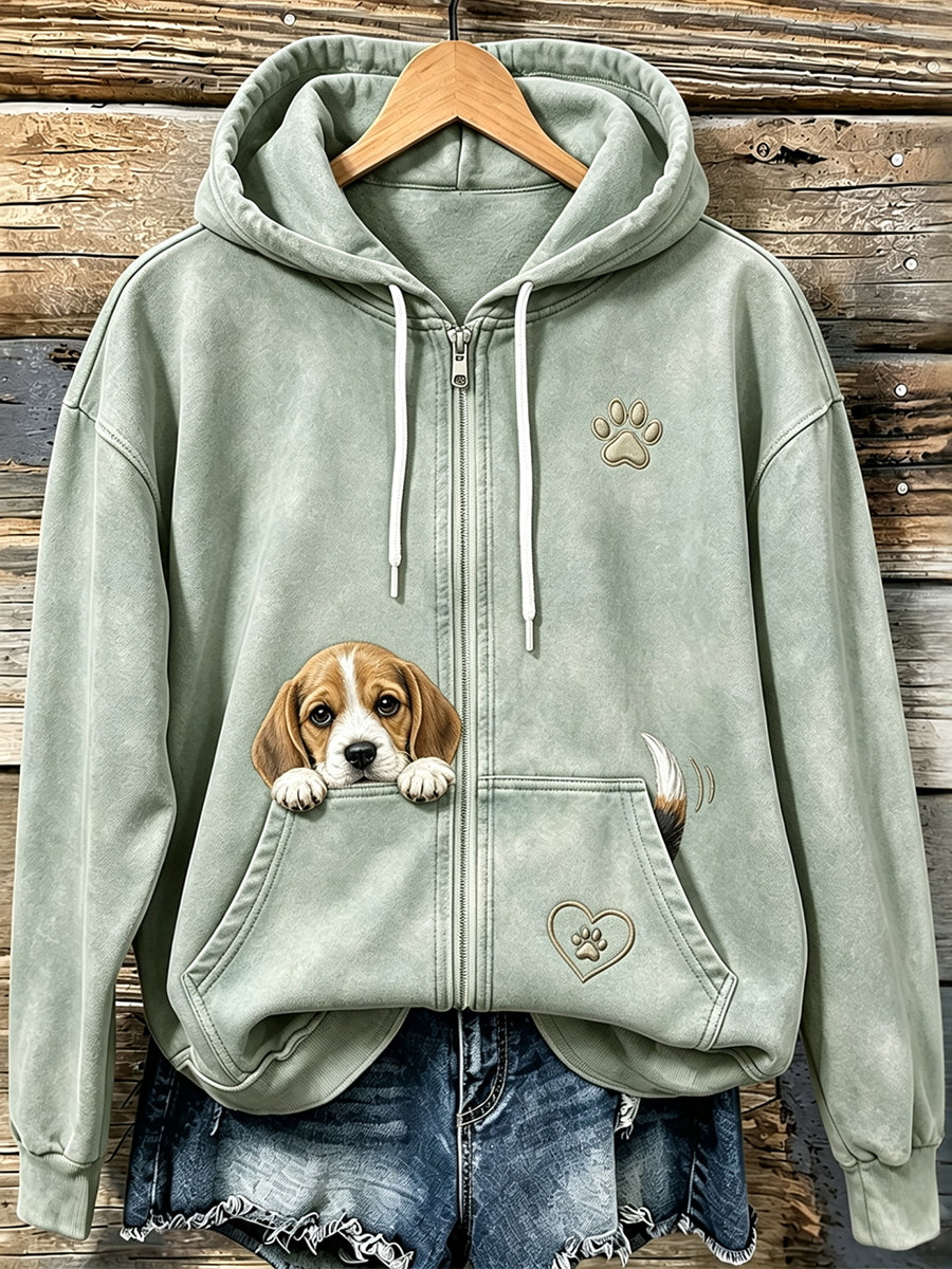 Mujer Cute Peeking Beagle & Paw Print Cozy Zip-Up Hoodie