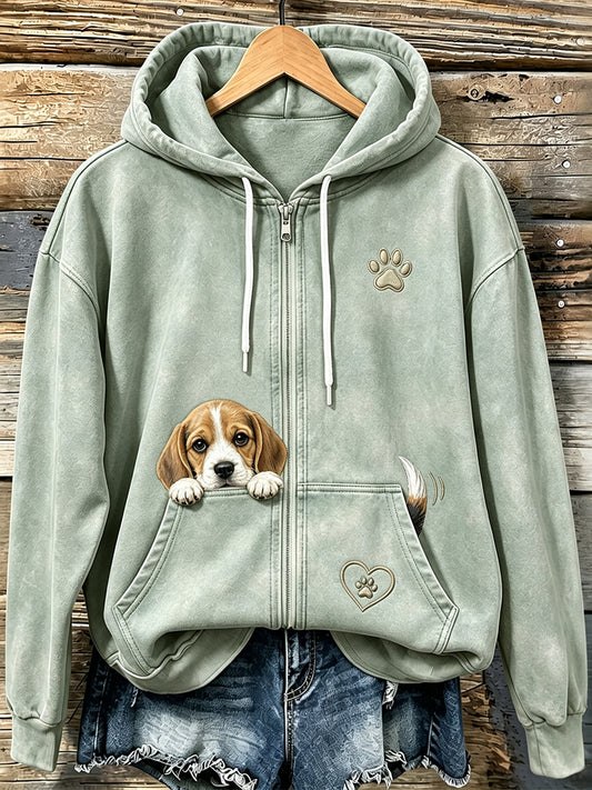 Mujer Cute Peeking Beagle & Paw Print Cozy Zip-Up Hoodie