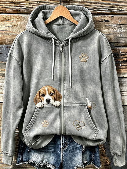 Mujer Cute Peeking Beagle & Paw Print Cozy Zip-Up Hoodie