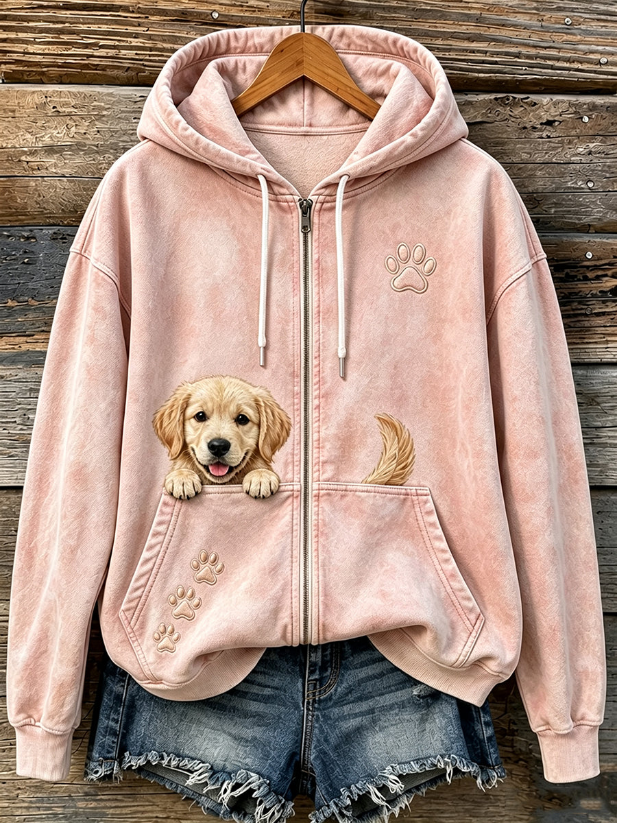 Mujeres lindo Peeking Golden Retriever y patas imprimir acogedor Zip-Up Hoodie