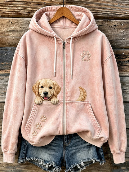 Mujeres lindo Peeking Golden Retriever y patas imprimir acogedor Zip-Up Hoodie