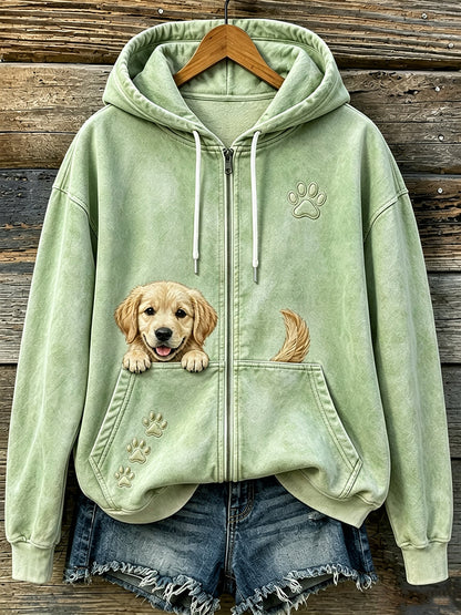 Mujeres lindo Peeking Golden Retriever y patas imprimir acogedor Zip-Up Hoodie