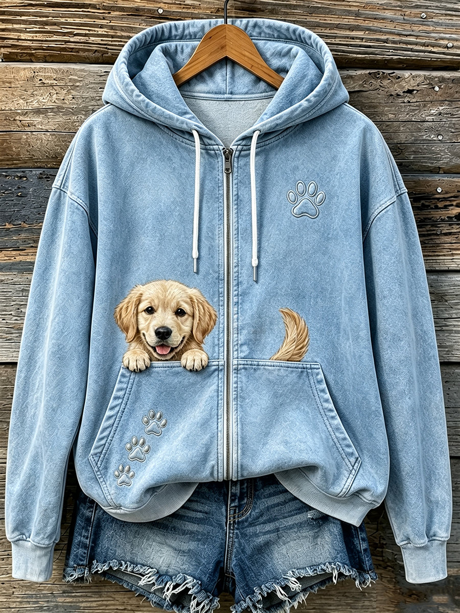 Mujeres lindo Peeking Golden Retriever y patas imprimir acogedor Zip-Up Hoodie