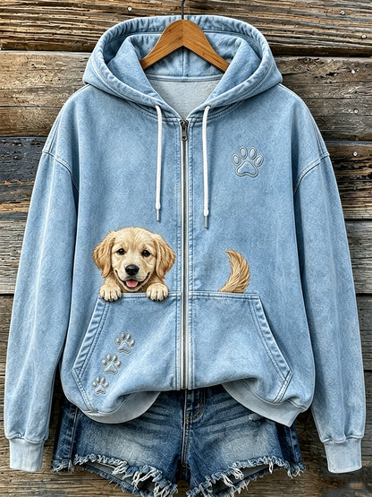 Mujeres lindo Peeking Golden Retriever y patas imprimir acogedor Zip-Up Hoodie