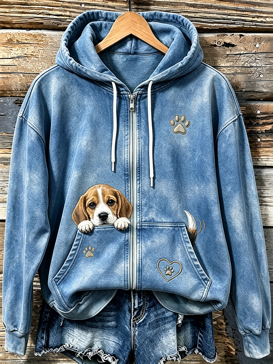 Mujer Cute Peeking Beagle & Paw Print Cozy Zip-Up Hoodie