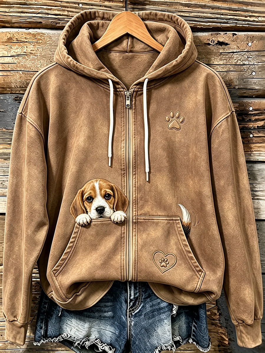 Mujer Cute Peeking Beagle & Paw Print Cozy Zip-Up Hoodie