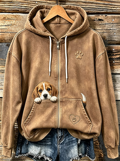 Mujer Cute Peeking Beagle & Paw Print Cozy Zip-Up Hoodie