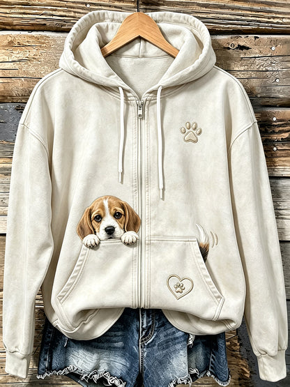 Mujer Cute Peeking Beagle & Paw Print Cozy Zip-Up Hoodie