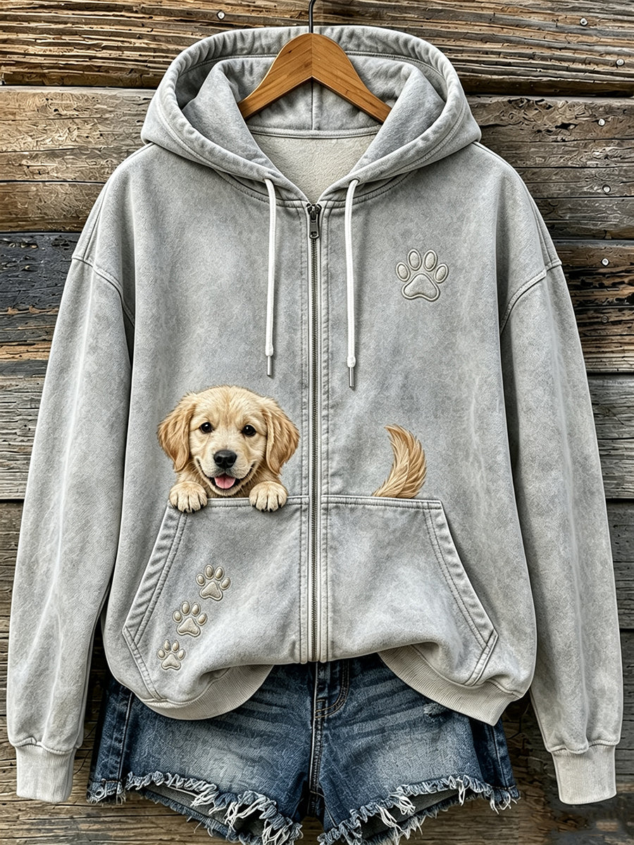 Mujeres lindo Peeking Golden Retriever y patas imprimir acogedor Zip-Up Hoodie