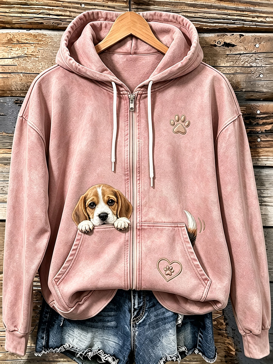 Mujer Cute Peeking Beagle & Paw Print Cozy Zip-Up Hoodie