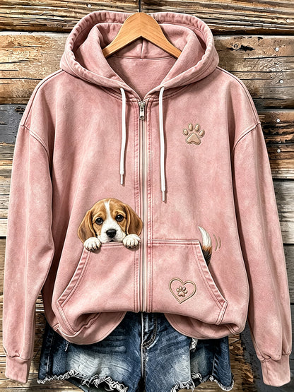 Mujer Cute Peeking Beagle & Paw Print Cozy Zip-Up Hoodie