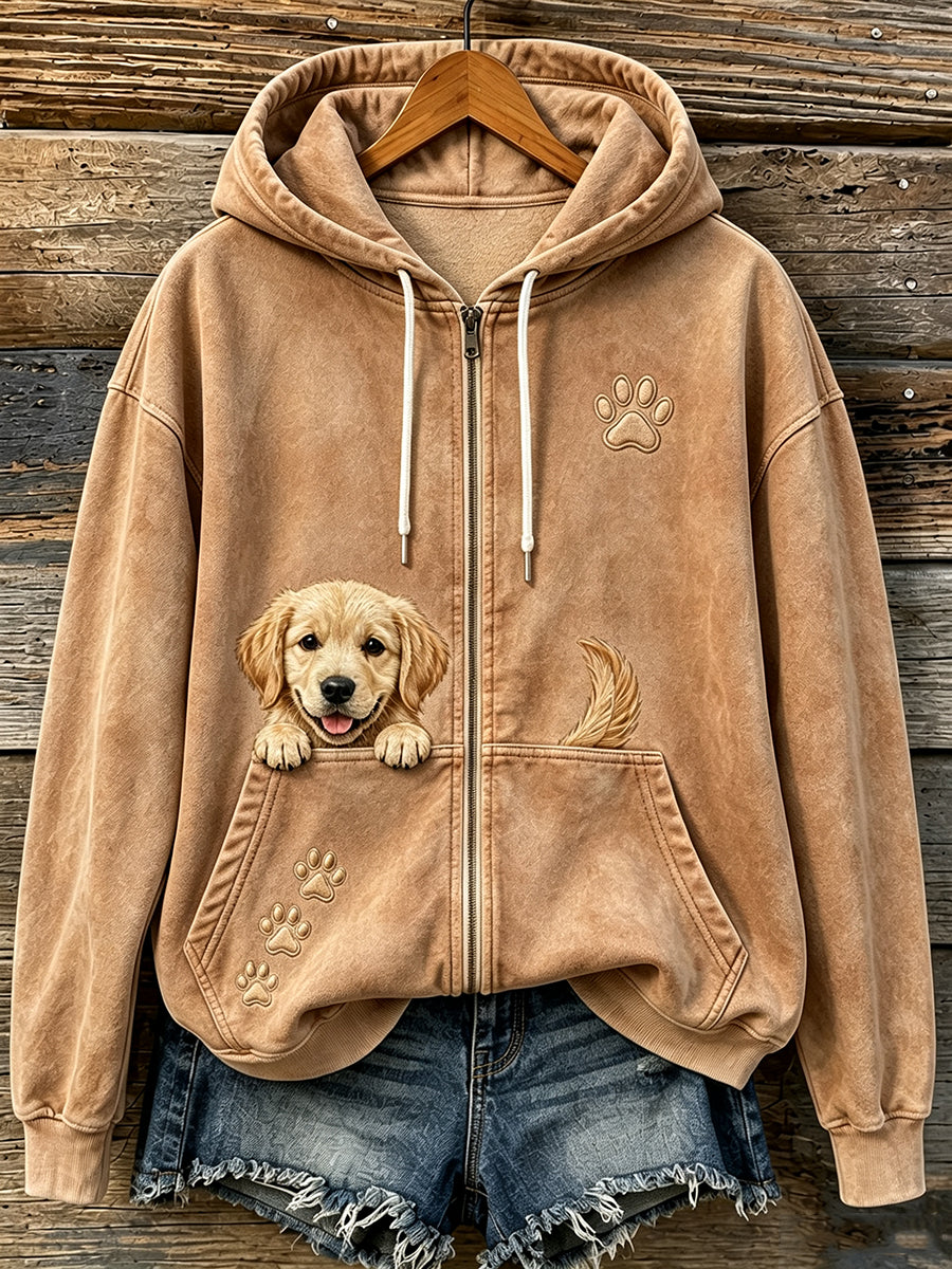 Mujeres lindo Peeking Golden Retriever y patas imprimir acogedor Zip-Up Hoodie