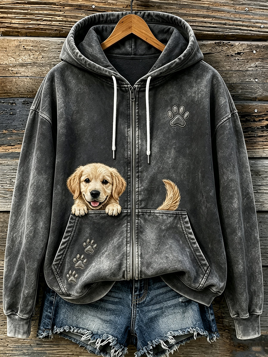 Mujeres lindo Peeking Golden Retriever y patas imprimir acogedor Zip-Up Hoodie