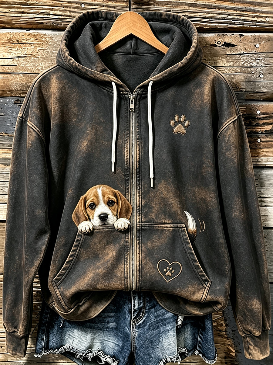 Mujer Cute Peeking Beagle & Paw Print Cozy Zip-Up Hoodie