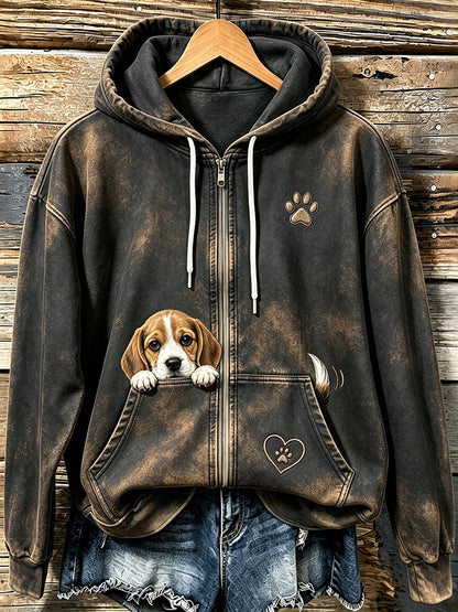 Mujer Cute Peeking Beagle & Paw Print Cozy Zip-Up Hoodie