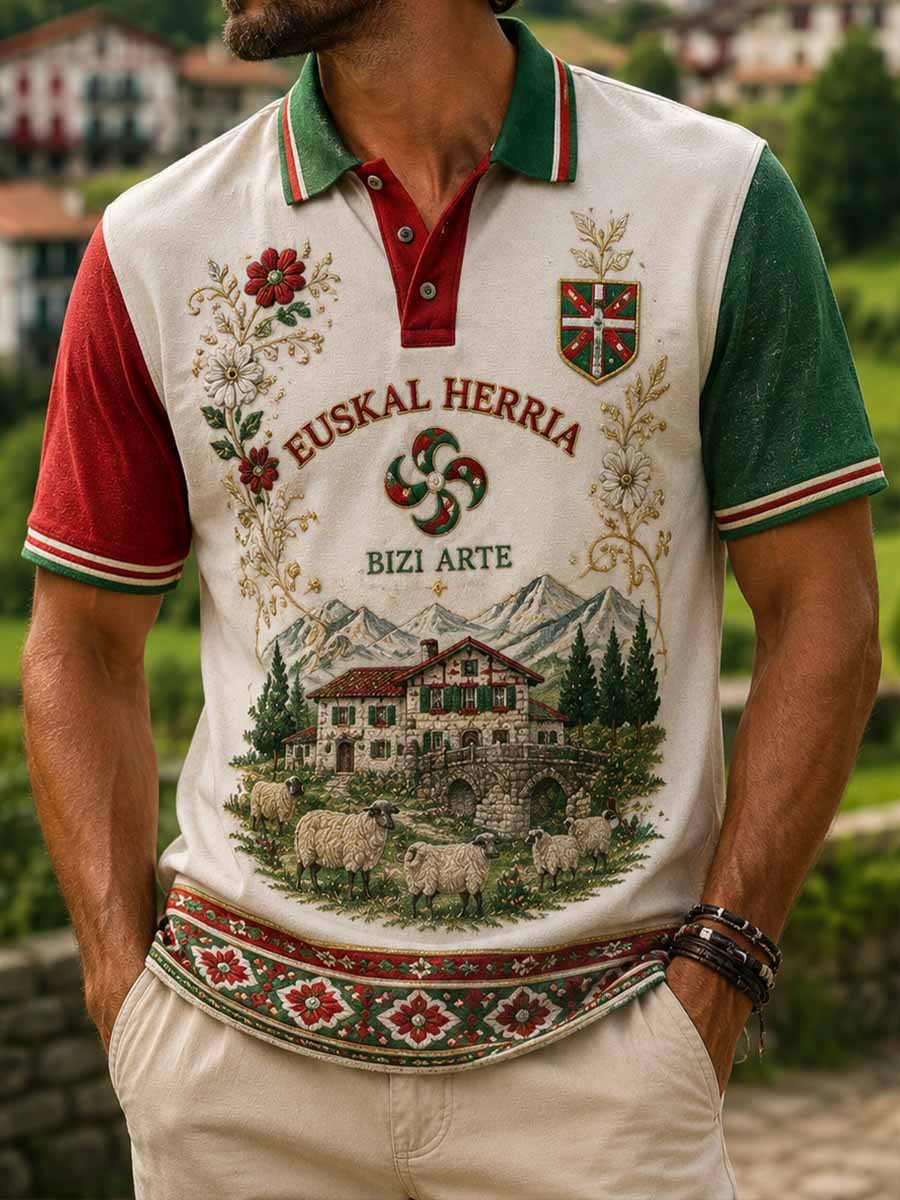 Polo impreso patrón tradicional vasco retro de los hombres