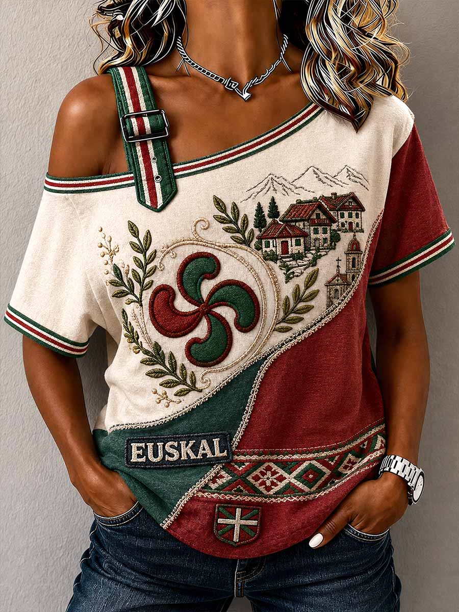 Camiseta impresa patrón tradicional vasco de la vendimia de las mujeres