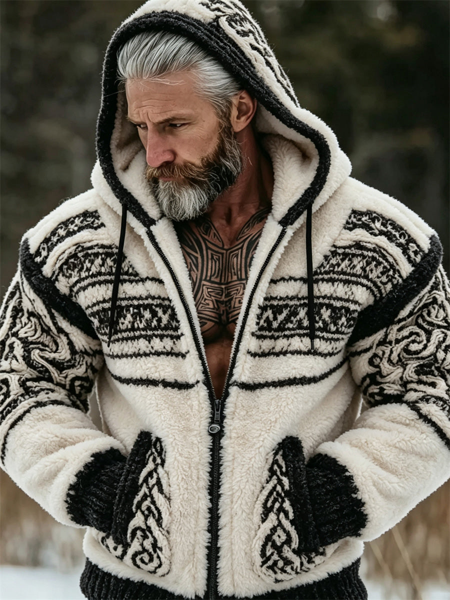 Hombres Vintage Viking Celtic Knot Print Full Zip Cozy Flannel Hoodie