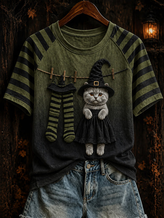 Camiseta casual de manga corta para mujer, con diseño temático de Halloween: combinación de colores y estampado de gato brujita