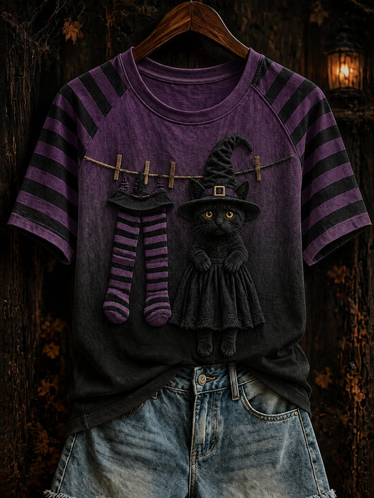Camiseta casual de manga corta para mujer, con diseño temático de Halloween: combinación de colores y estampado de gato brujita