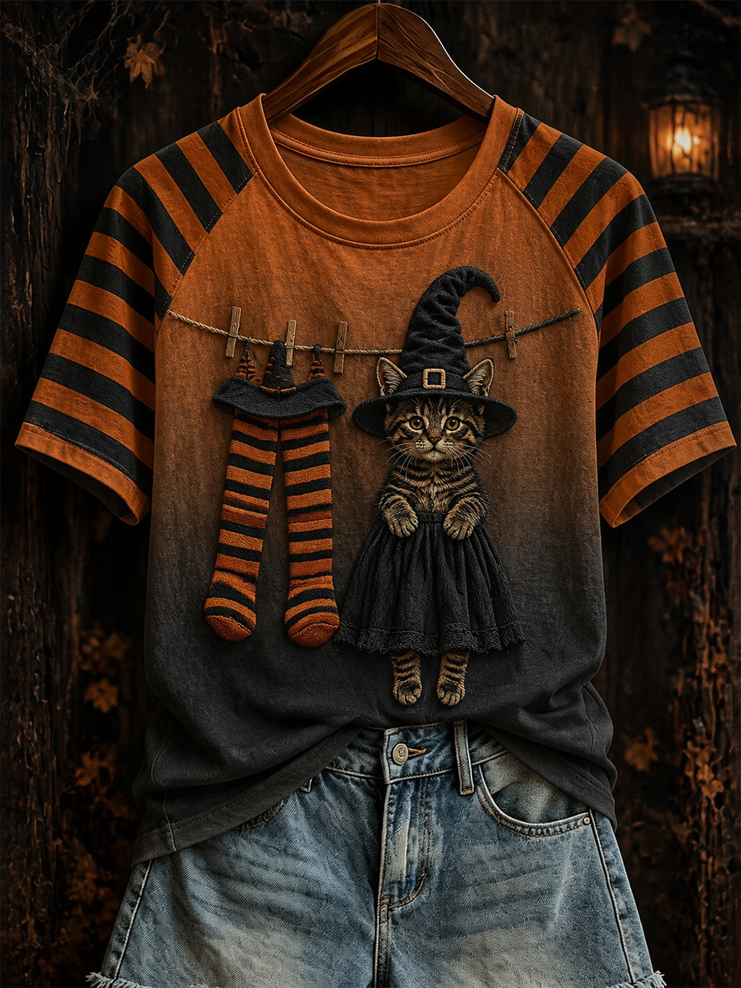 Tema de Halloween bruja gato patrón choque color diseño casual camiseta de manga corta de las mujeres